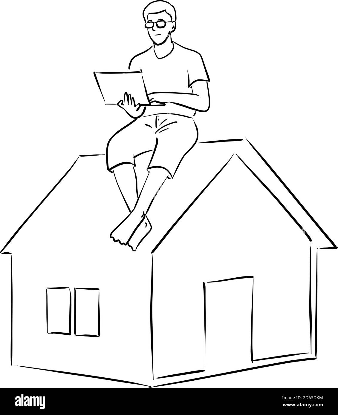 homme travaillant avec un ordinateur portable sur le toit supérieur de petite illustration vectorielle de la maison croquis doodle main dessiné avec noir lignes isolées sur fond blanc Illustration de Vecteur