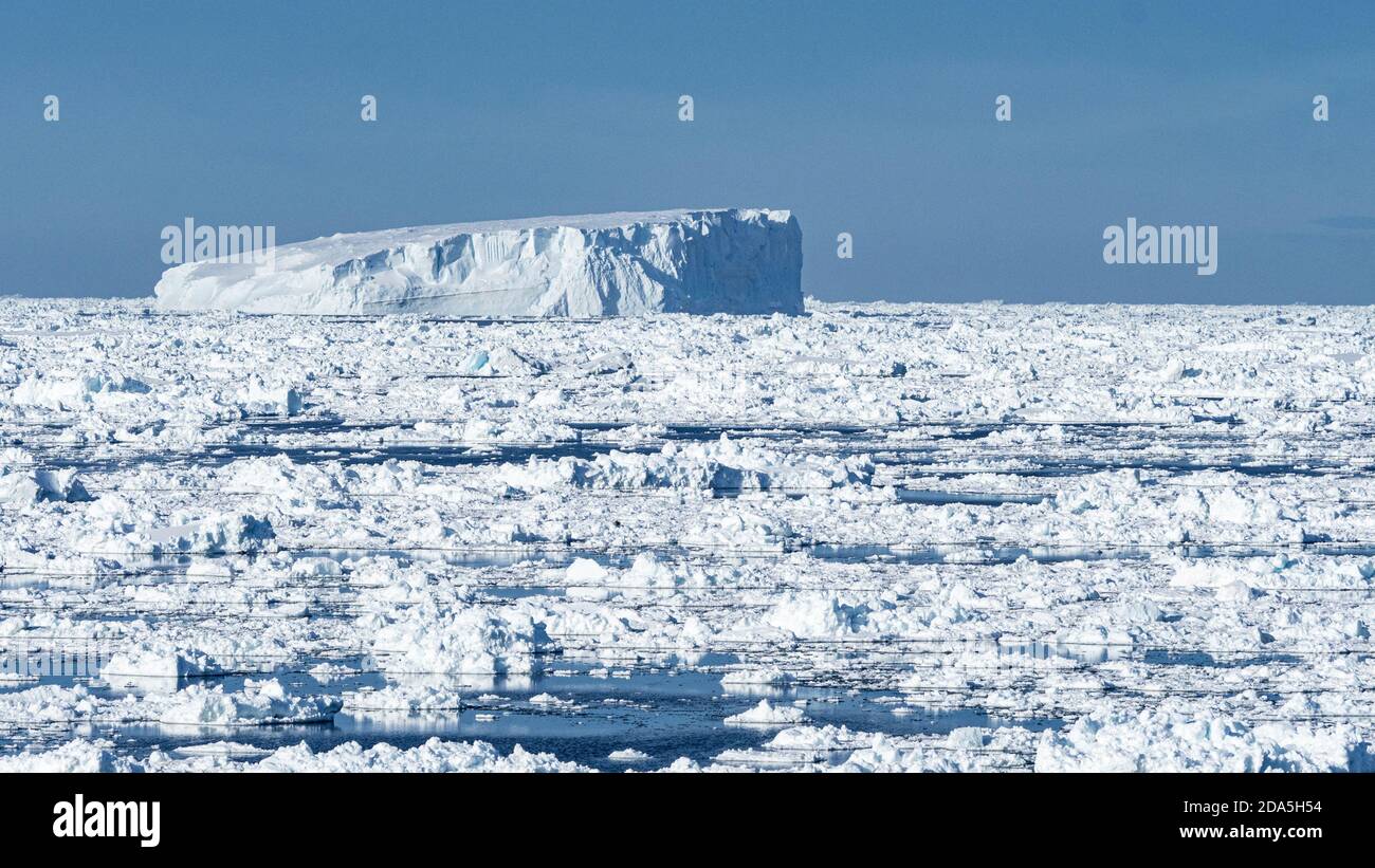 Glace de mer, icebergs tabulaires et glace à brises dans le golfe d'Erebus et de Terror, dans la mer de Weddell, en Antarctique. Banque D'Images