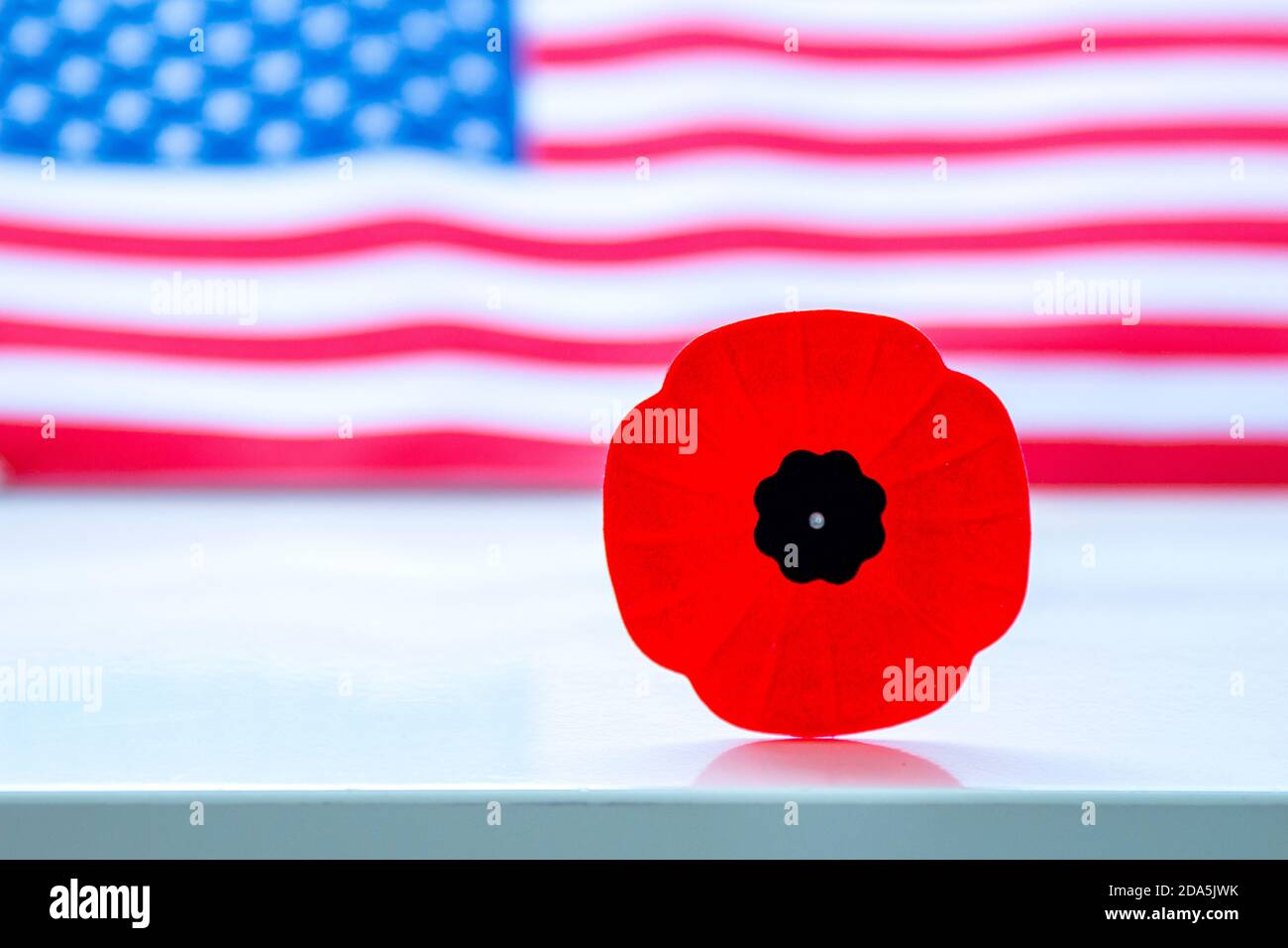 Une fleur de pavot du jour du souvenir avec un drapeau américain sur le fond. Banque D'Images