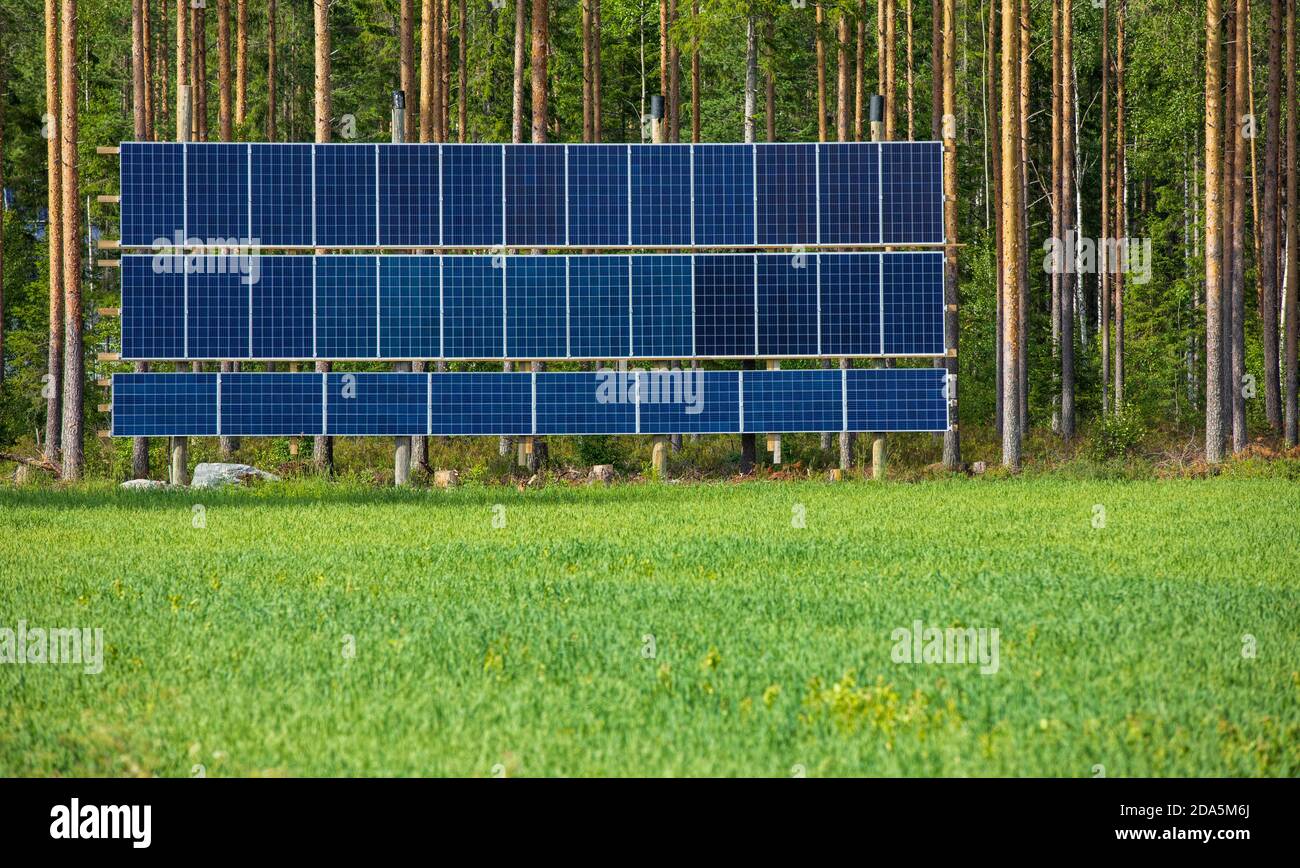 Panneaux solaires au bord de la forêt à Summer , Finlande Banque D'Images