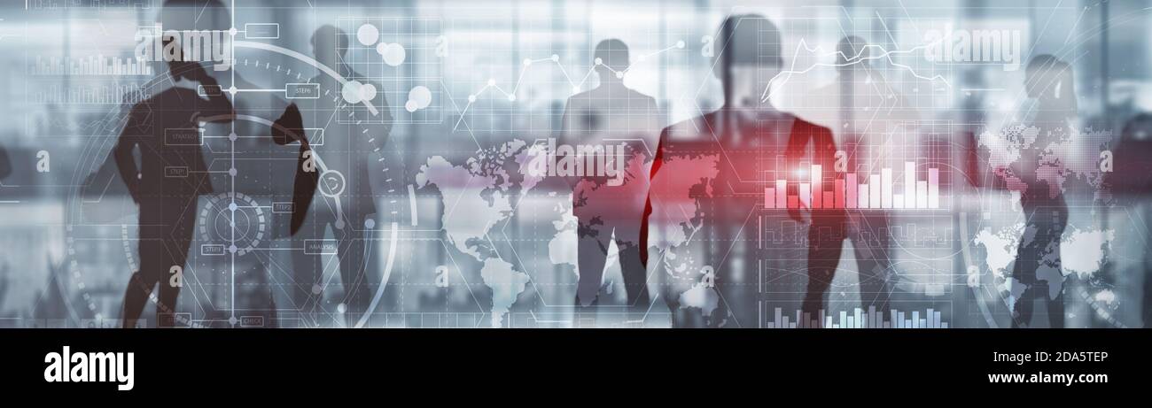 Tableau de bord financier avec business intelligence. Silhouettes de fond et ville. Banque D'Images