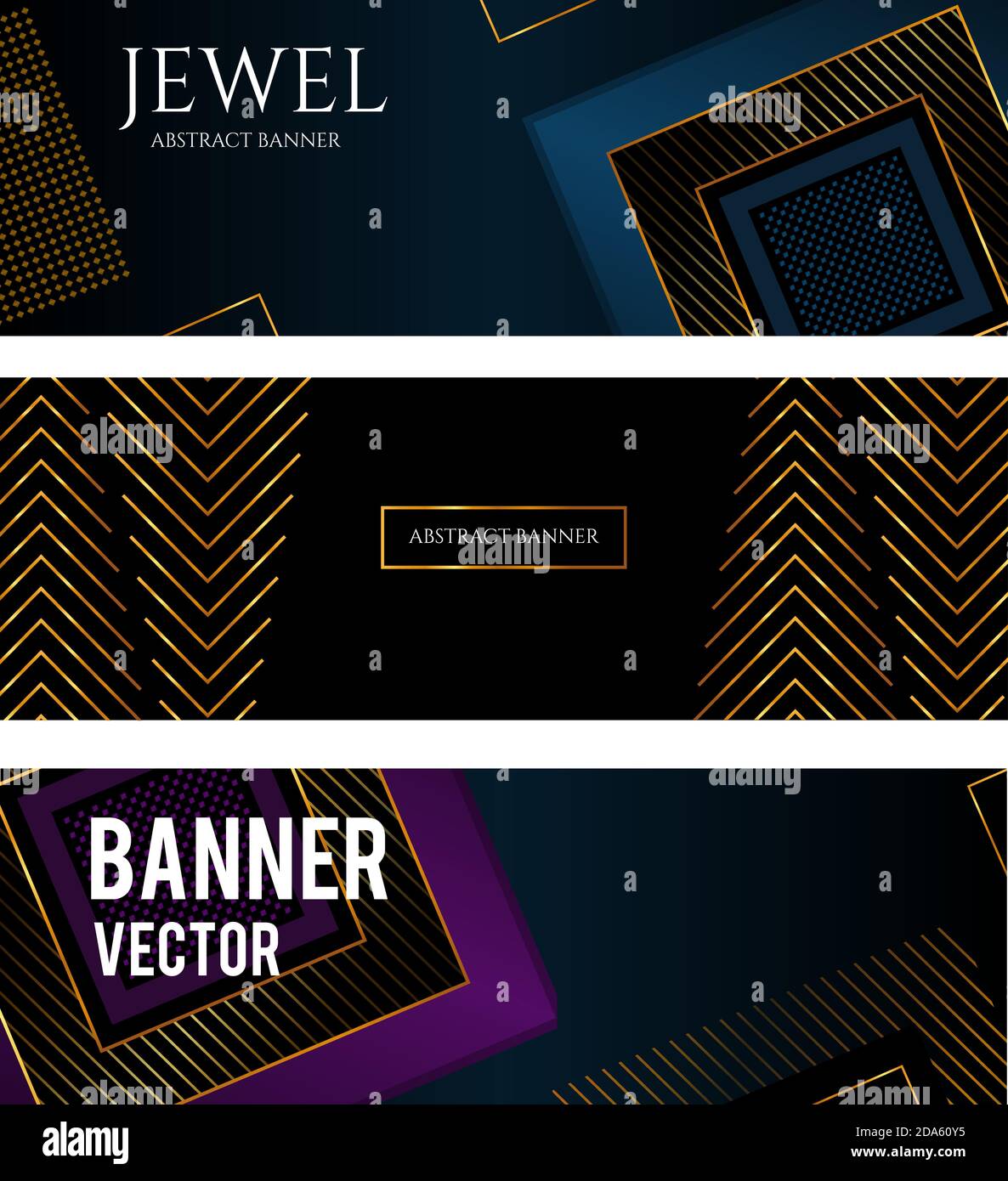 Bannière au design moderne. Arrière-plan abstrait avec des carrés sombres sur un fond noir. Avec des rayures dorées brillantes. Définir la bannière de luxe. Illustration vectorielle. Illustration de Vecteur