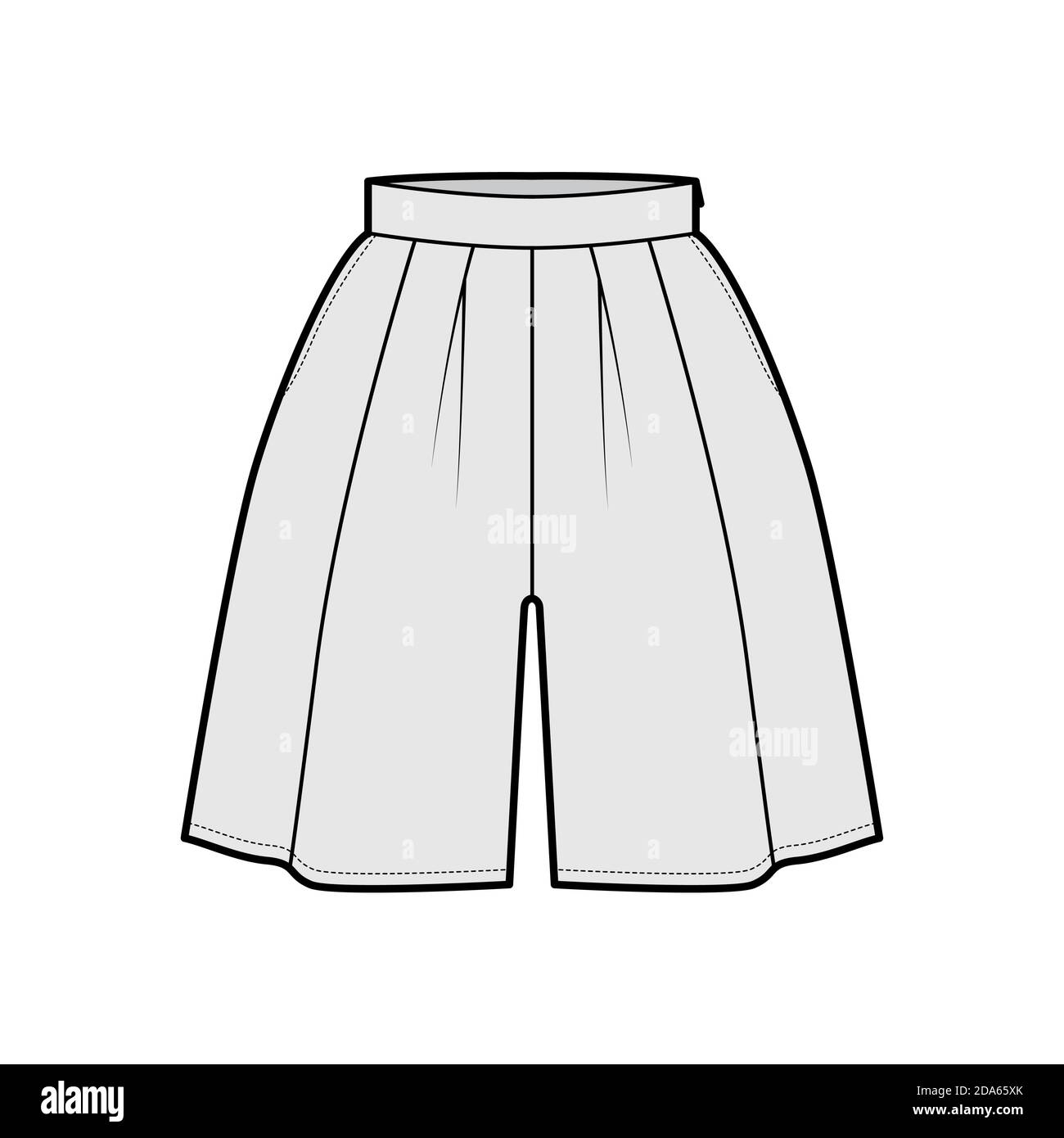 Short jupe culotte technique mode illustration avec mini longueur silhouette surdimensionnee taille epaisse fermeture a glissiere laterale. Avant modele a fond plat couleur grise. Femmes hommes maquet...