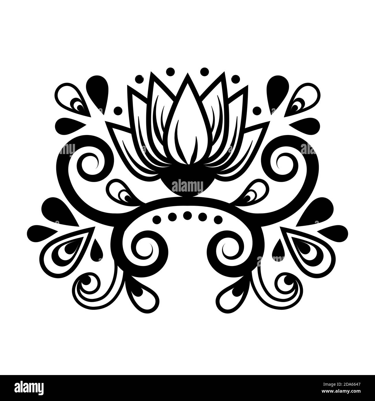 Décoration florale abstraite, motif ethnique, dessin noir et blanc avec boucles, spirales, fleurs, éléments décoratifs, imprimé, tatouage, coloriage iso Illustration de Vecteur