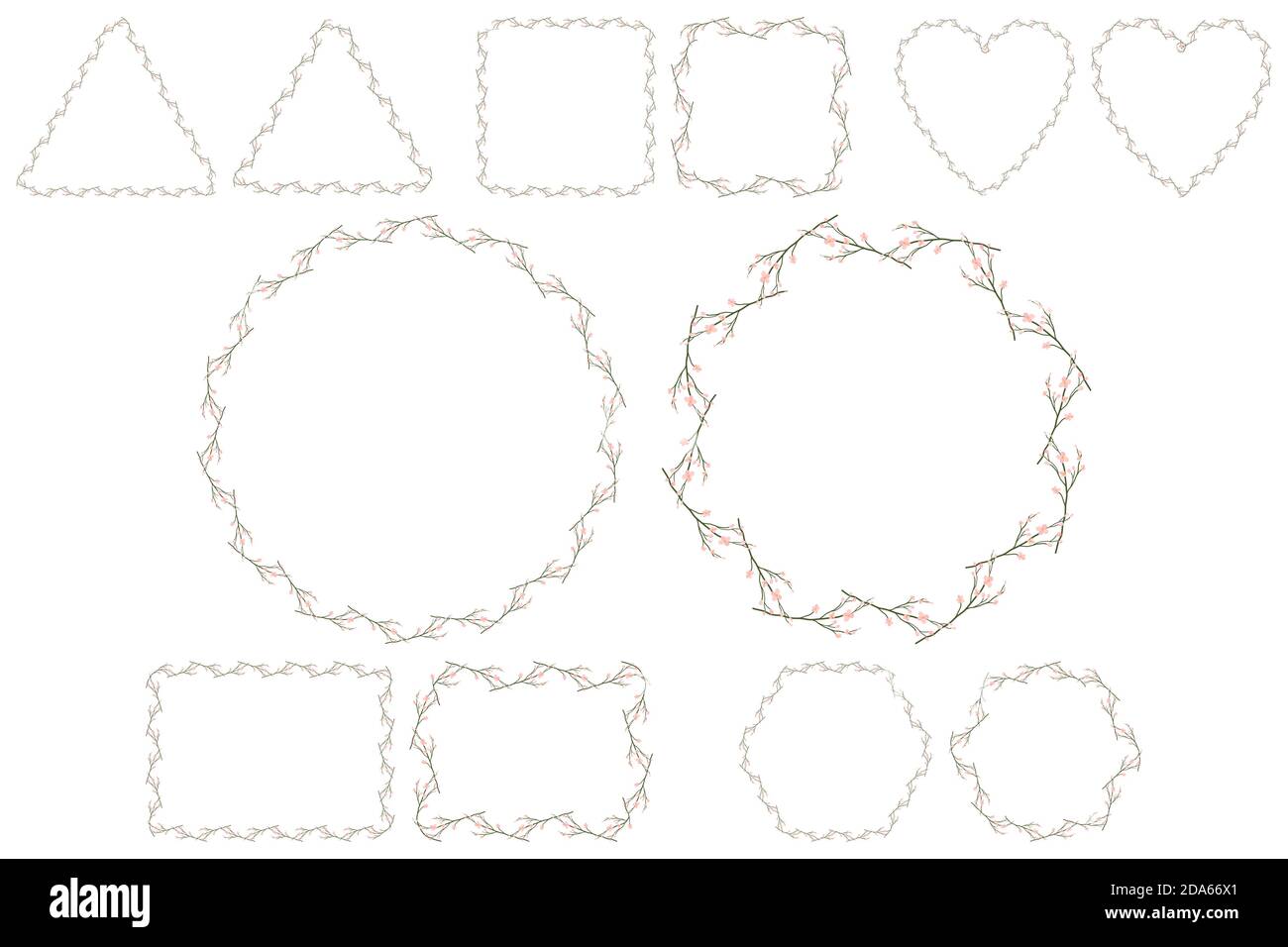 Cadre en forme de brindille à fleurs roses de style chinois sur fond blanc. Modèle d'invitation à un mariage pour la décoration. Cerise japonaise en fleur. Illustration de Vecteur