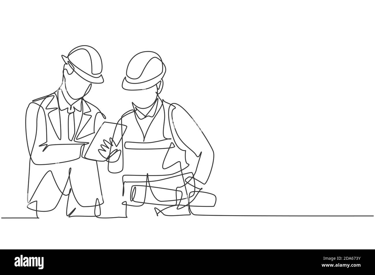 Un seul dessin de ligne jeune directeur de construction faire un bref bref court briefing au coordinateur de constructeur. Concept d'entreprise d'architecture de bâtiment. Tracé de ligne continu Illustration de Vecteur