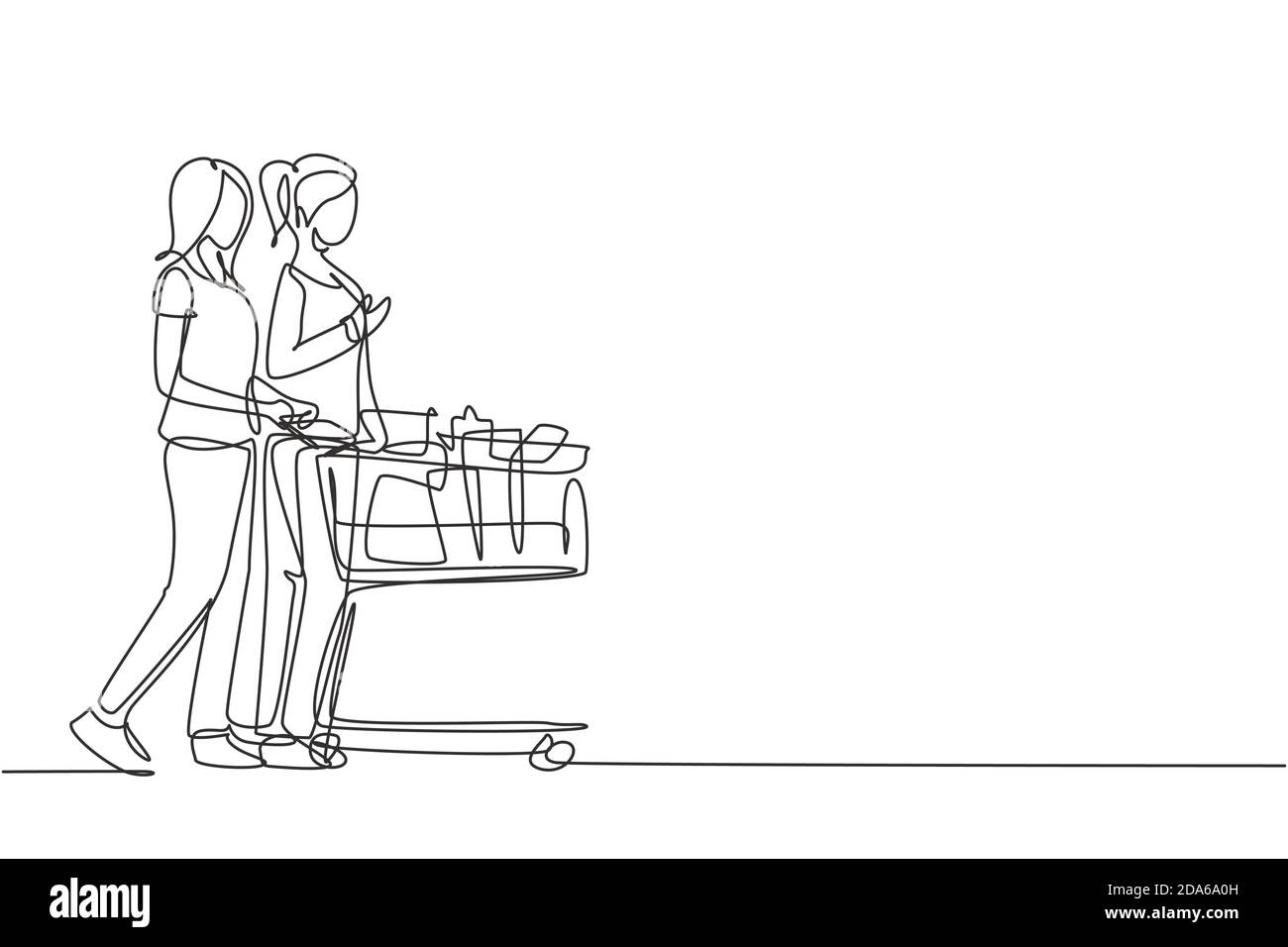 Une ligne continue de dessin deux jeunes femmes heureux beauté shopping et poussant chariot ensemble au supermarché pour acheter des produits biologiques quotidiens. Shopping Illustration de Vecteur