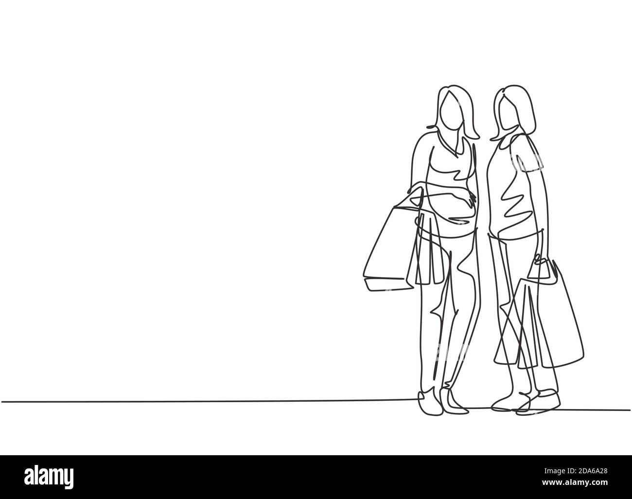 Une ligne continue de dessin de deux belles femmes tenant des sacs de papier après avoir fait du shopping vêtements, robe, maquillage, cosmétique au centre commercial. Concept commercial Illustration de Vecteur