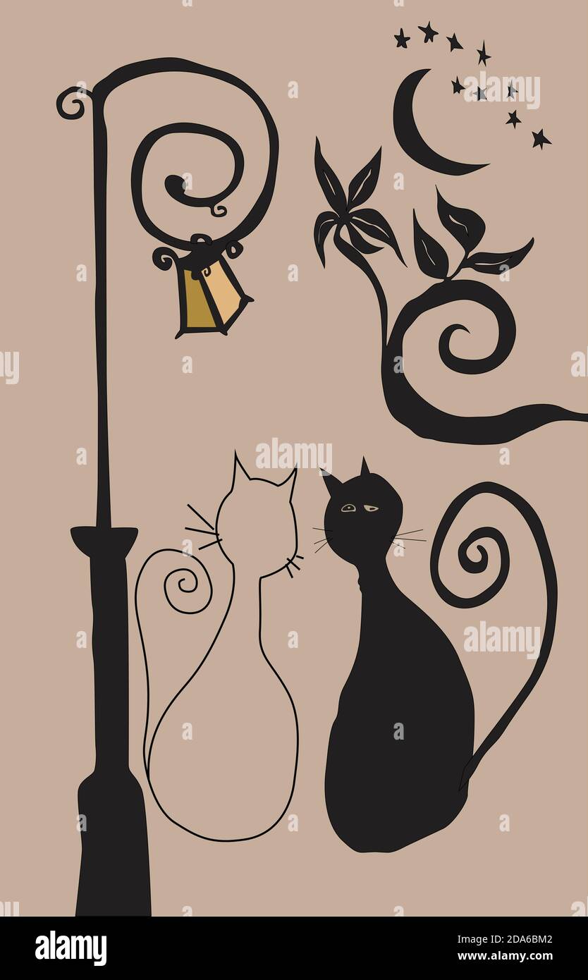 Dessin vectoriel de chats de rue. Deux chats de rue assis ensemble sous un lampadaire près de fleurs, de lune et d'étoiles. Illustration de Vecteur