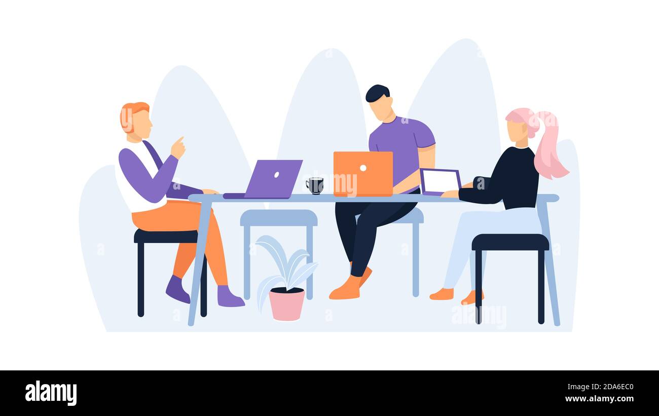 Les hommes et les femmes travaillant au bureau utilisent des ordinateurs portables. Illustration du travail de bureau Illustration de Vecteur