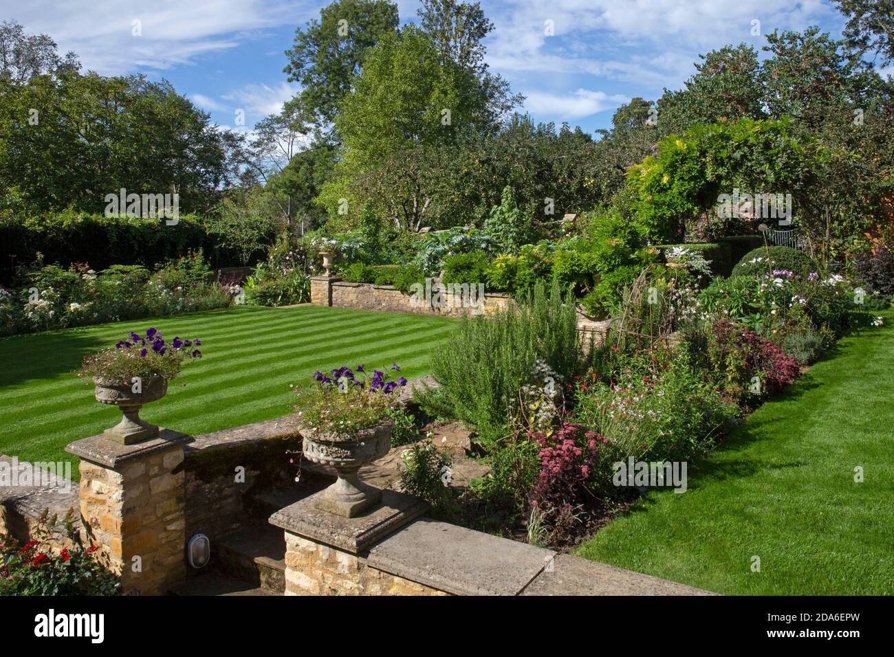 Jardin anglais avec pelouse à rayures et planches d'été, Angleterre, Europe Banque D'Images