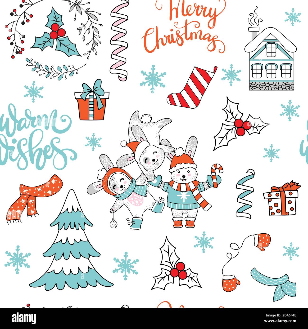 Motif sans couture vecteur lapins et éléments de Noël joyeux Illustration de Vecteur