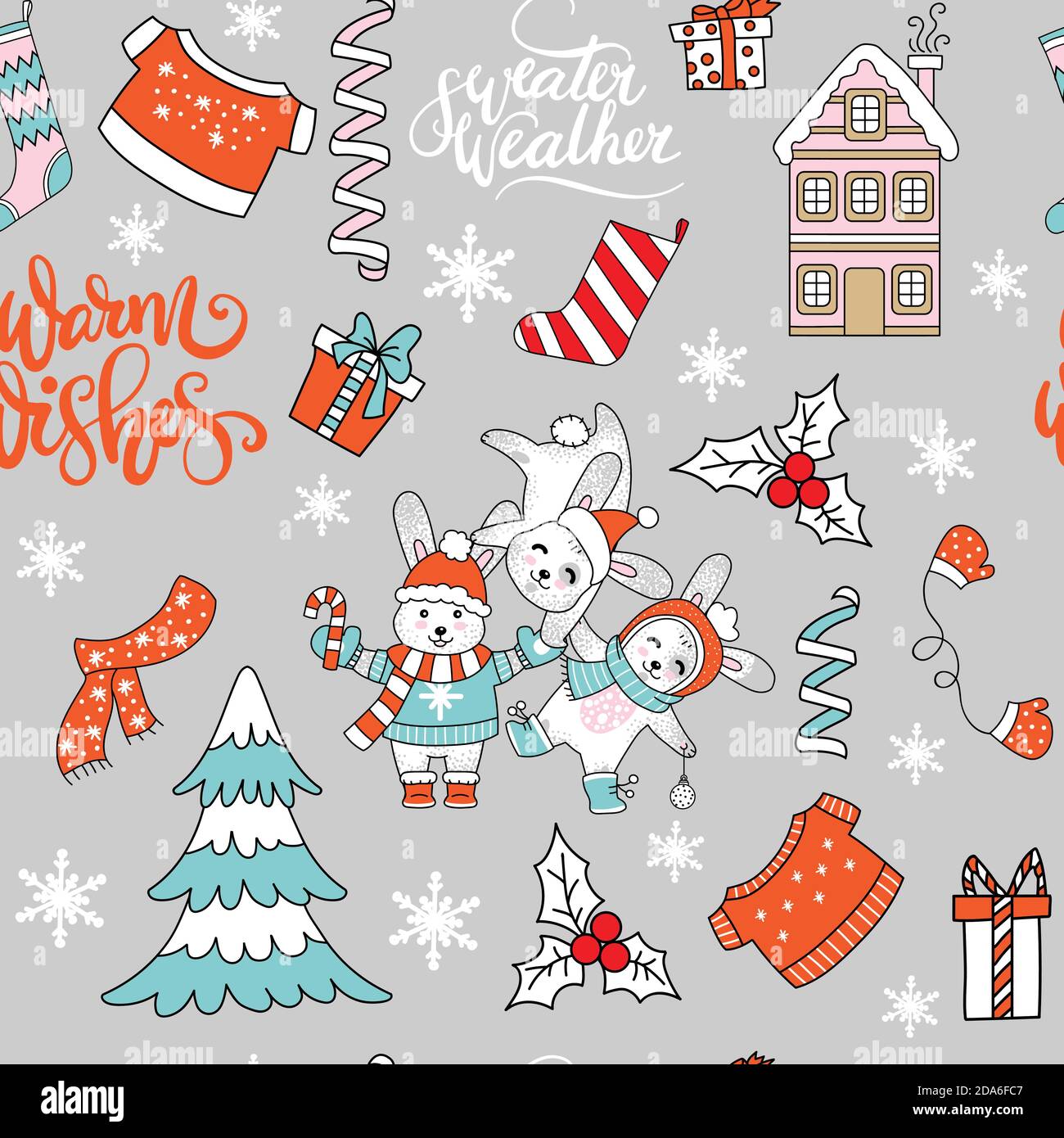 Motif de Noël vectoriel sans couture lapins et éléments mignons Illustration de Vecteur