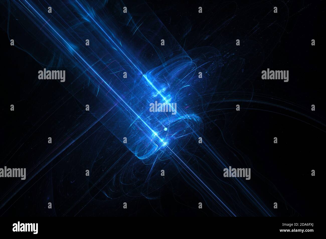 Rayons laser bleuis dans l'espace profond, nouvelle technologie futuriste, arrière-plan abstrait généré par ordinateur, rendu 3D Banque D'Images