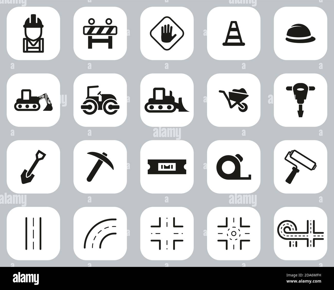 Icônes de construction de routes ensemble de conception plate noir et blanc grand Illustration de Vecteur