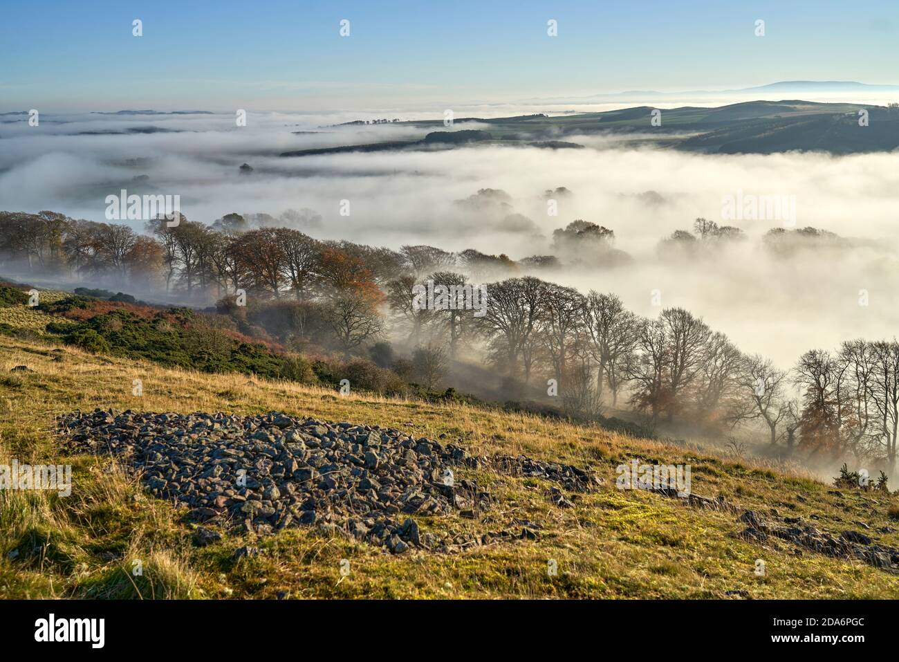 Vue depuis la Black Hill près d'Earlston lors d'une matinée d'automne brumeuse dans les frontières écossaises. Vestiges du fort de l'âge de fer en premier plan. Banque D'Images