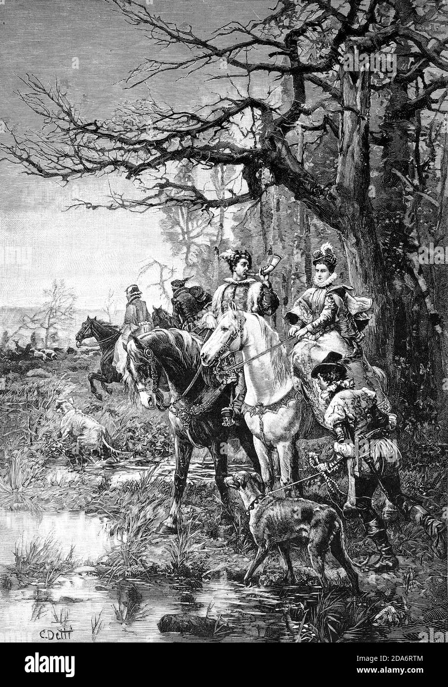 Départ pour la chasse, chasse à cheval et chauffeur avec chiens de chasse, 1885, Angleterre / Aufbruch zur Jagd, Jagdgesellschaft zu Pferd und Treiber mit Jagdhunden, 1885, Angleterre, Historisch, historique, numérique reproduction améliorée d'un original du XIXe siècle / numérique Reproduktion einer Originalvoraus Origlage 19. Jahrhundert, Banque D'Images