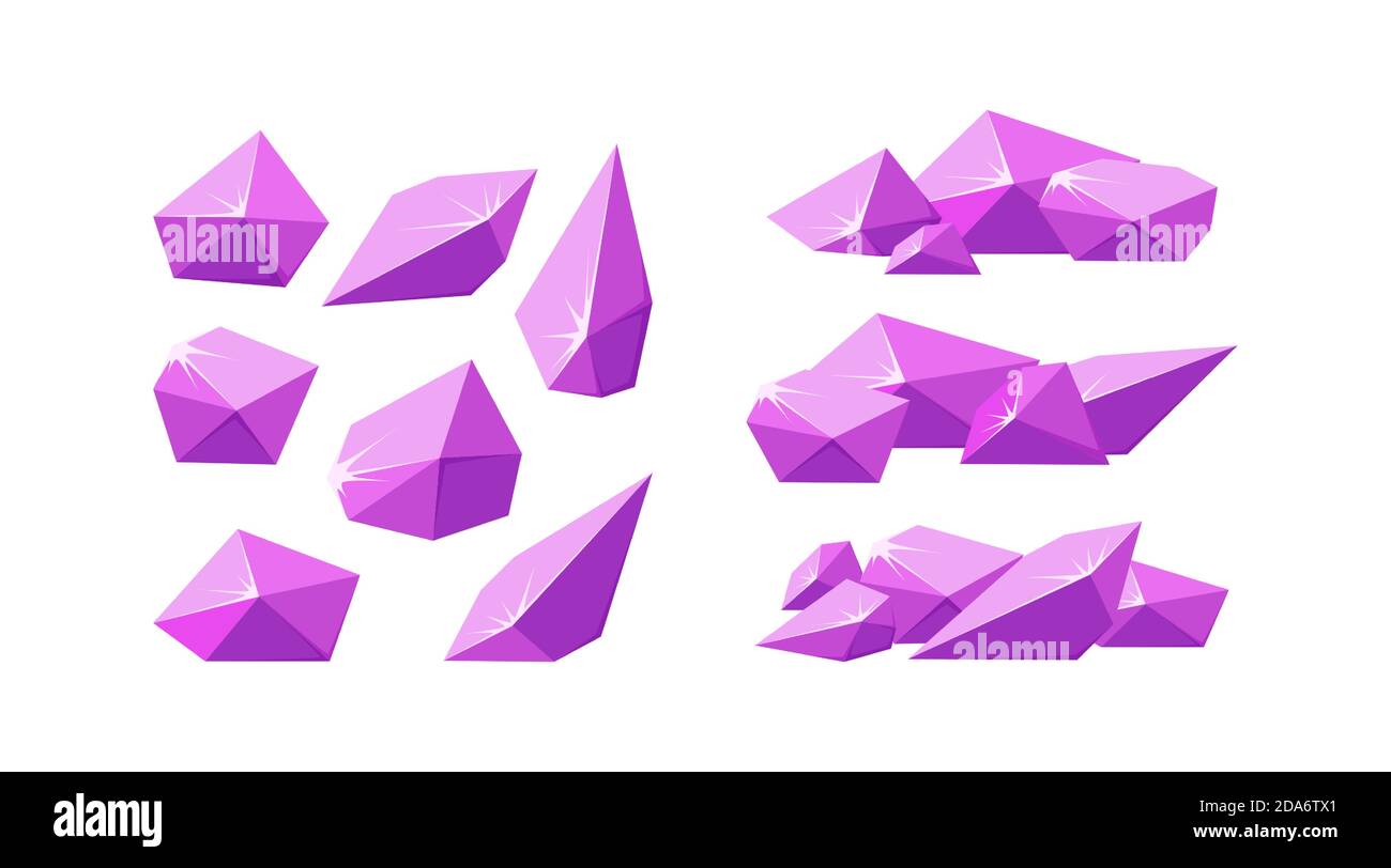Cristaux brisés en morceaux. Jeu de cristaux roses écrasés. Pierres précieuses améthystes brisées pour les paysages rocheux. Illustration vectorielle de style dessin animé Illustration de Vecteur