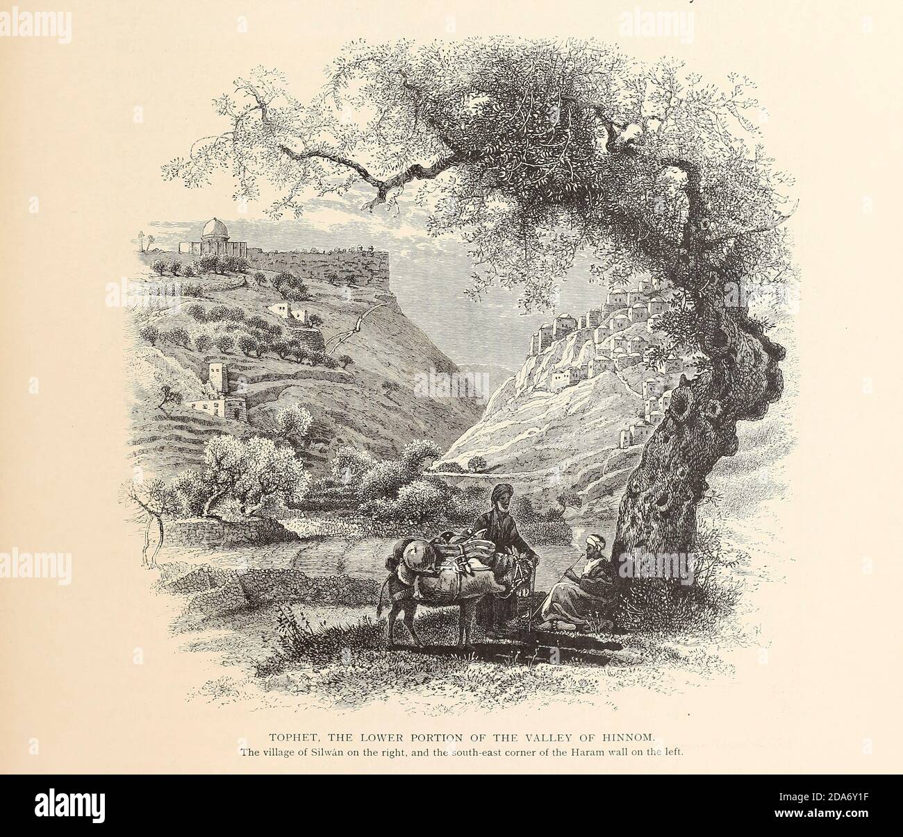 Tophet la partie inférieure de la vallée de Hinnom, Jérusalem, du livre pittoresque Palestine, Sinaï, et Égypte par le colonel Wilson, Charles William, Sir, 1836-1905. Publié à New York par D. Appleton and Company en 1881 avec des gravures en acier et en bois tirées de dessins originaux de Harry Fenn et J. D. Woodward Volume 1 Banque D'Images