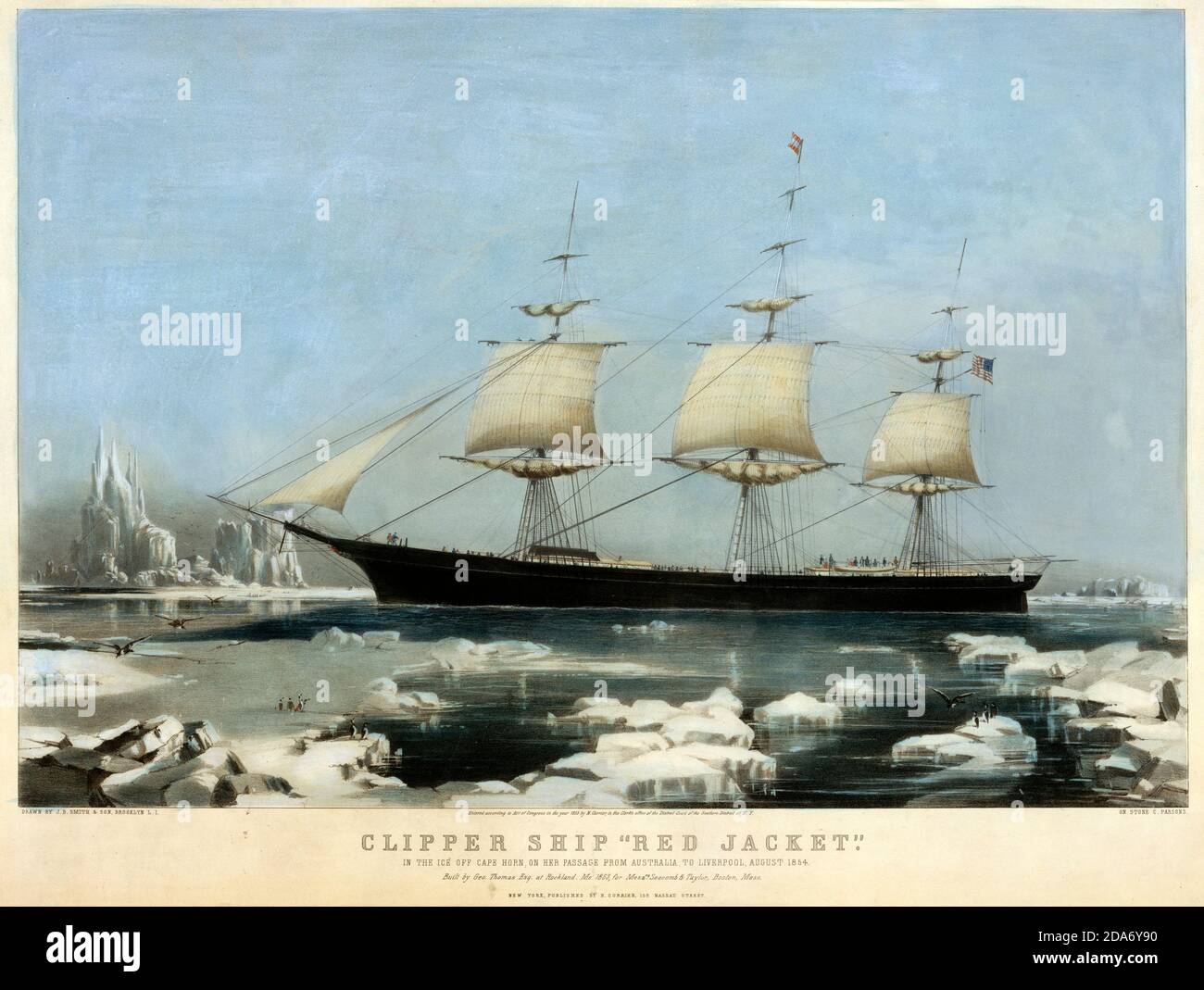 Clipper Ship 'Red Jacket': Dans la glace au large de Cape Horn, sur son passage de l'Australie, à Liverpool, août 1854. Lithographie de couleur main. Red Jacket était un bateau de tondeuse, l'un des plus grands et des plus rapides jamais construit. Elle a également été le premier navire de la compagnie White Star Line. Elle a été nommée d'après Sagoyewatha, un célèbre chef indien de Seneca, appelé 'Red Jacket' par des colons. Elle a été conçue par Samuel Hartt Pook, construite par George Thomas à Rockland, Maine, et lancée en 1853, le dernier navire à être lancé à partir de cette cour. Banque D'Images