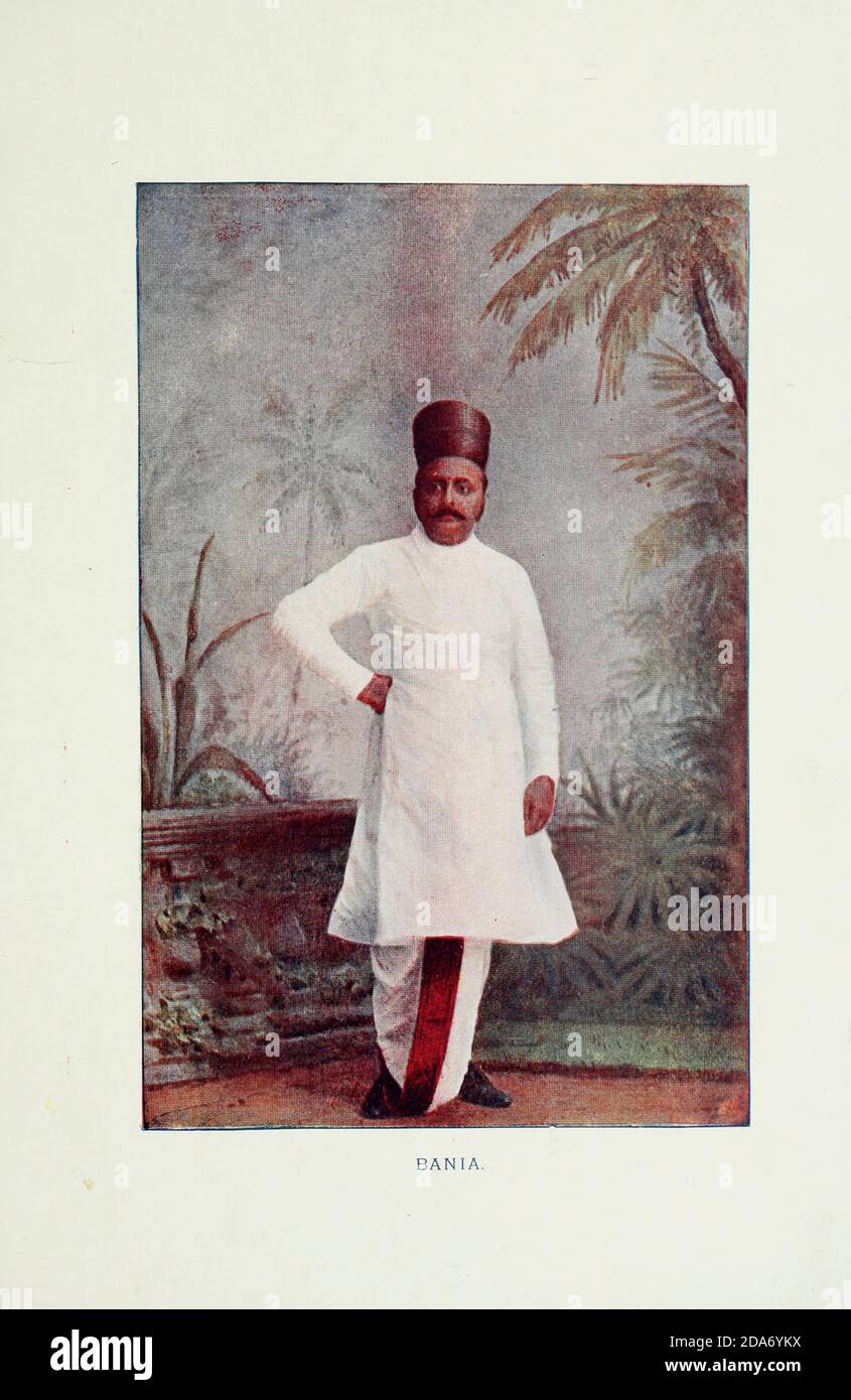 Bania Man de photos typiques des indigènes étant la reproduction de photographies spécialement préparées en couleur main. Par F. M. Coleman (époque de l'Inde) septième édition Bombay 1902 Banque D'Images
