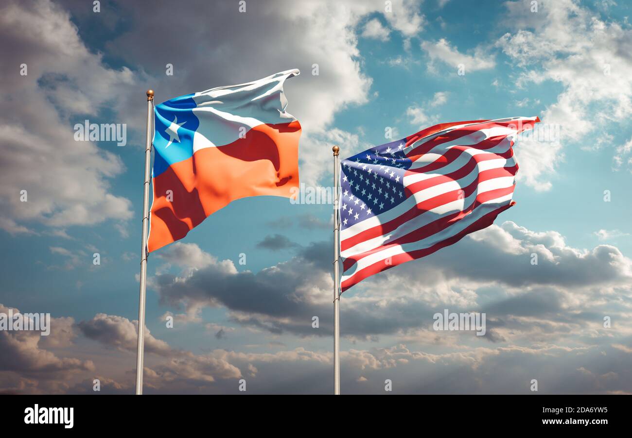 Magnifiques drapeaux nationaux des Etats-Unis et du Chili ensemble sur fond de ciel. Concept d'illustration 3D. Banque D'Images