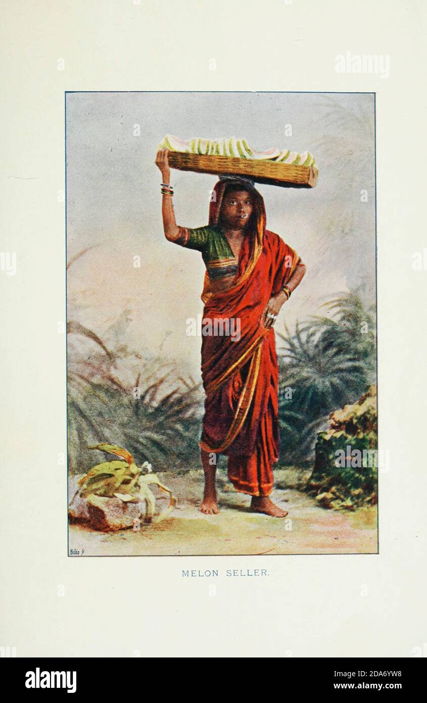 Jeune Koolmgbi Cast Girl vendant des melons photos typiques des Indiens indigènes reproduction de photographies spécialement préparées en couleur à la main. Par F. M. Coleman (époque de l'Inde) septième édition Bombay 1902 Banque D'Images