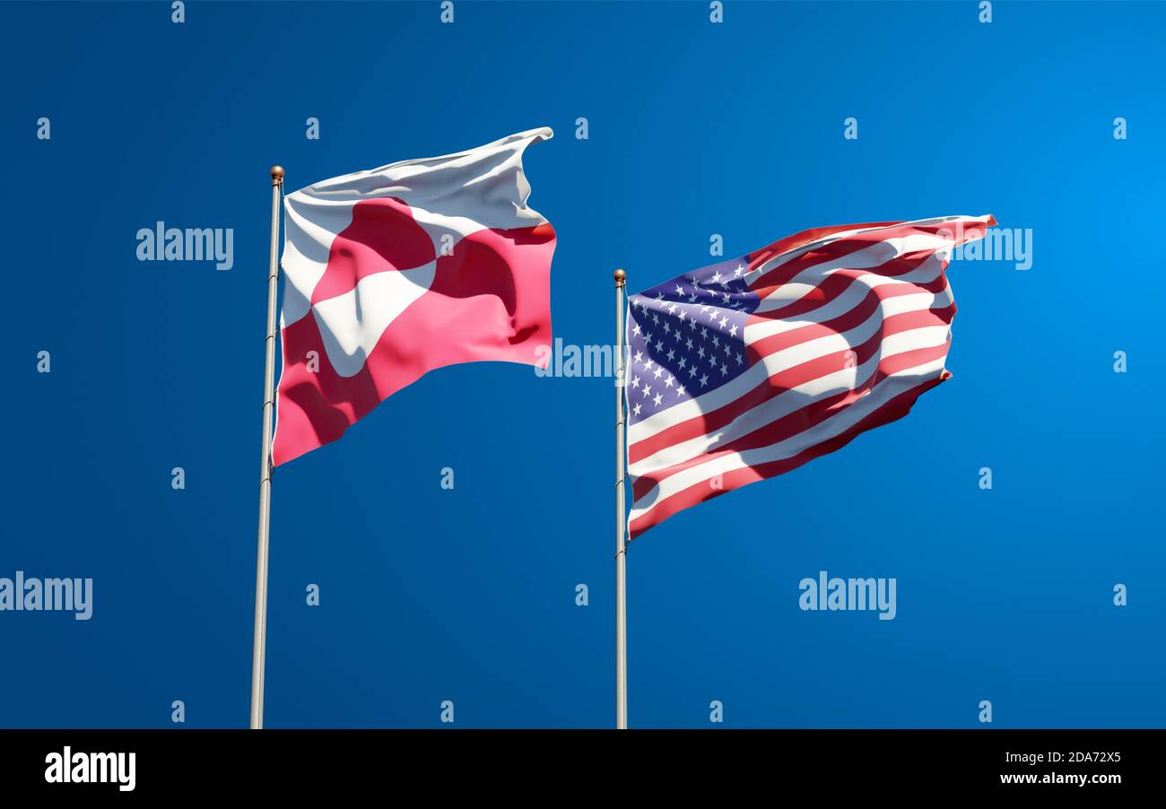 Magnifiques drapeaux nationaux du Groenland et des États-Unis ensemble sur fond de ciel. Concept d'illustration 3D. Banque D'Images