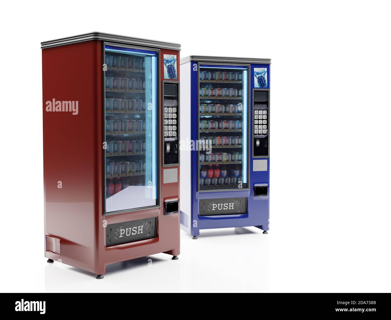 Rendu 3D de deux distributeurs de boissons gazeuses sur fond blanc Banque D'Images