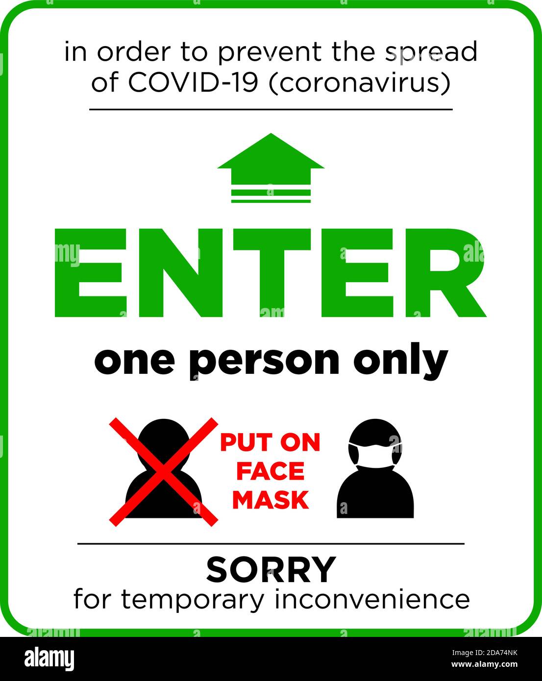 Plaque de porte sur la porte - entrée pour une seule personne utilisant un masque facial. Mesure préventive contre l'infection par le COVID-19 (coronavirus). Rapport d'éclairage Illustration de Vecteur