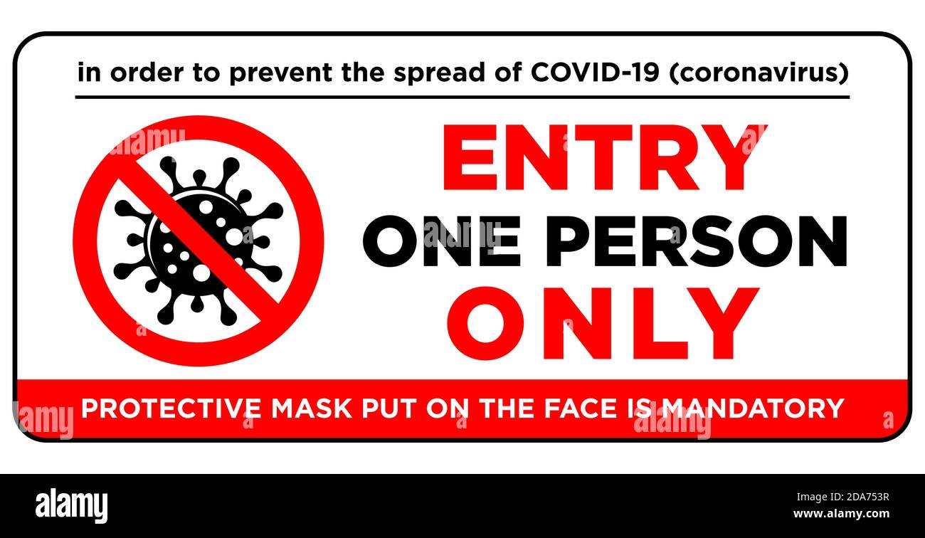 Plaque de porte sur la porte - entrée pour une seule personne utilisant un masque facial. Mesure préventive contre l'infection par le COVID-19 (coronavirus). Rapport d'éclairage Illustration de Vecteur