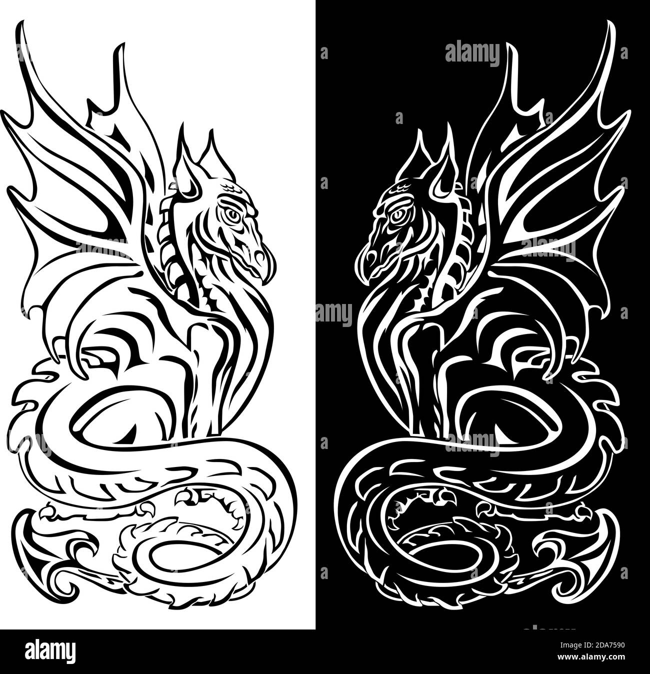 Art de ligne de dragon fantastique pour tatouages, t-shirt design, traitement de surface de verre. Illustration, vecteur Illustration de Vecteur