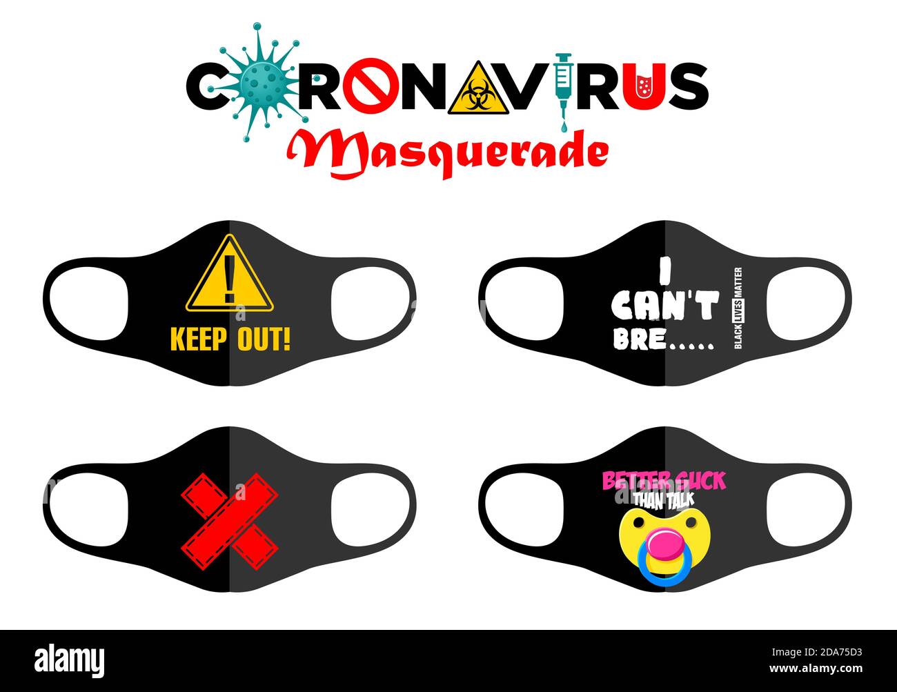 Concept d'impression sur les masques de protection du visage réutilisables. Divertissement pendant la quarantaine du coronavirus. Signe d'avertissement, devise du survivant, patch, mannequin de bébé, Illustration de Vecteur