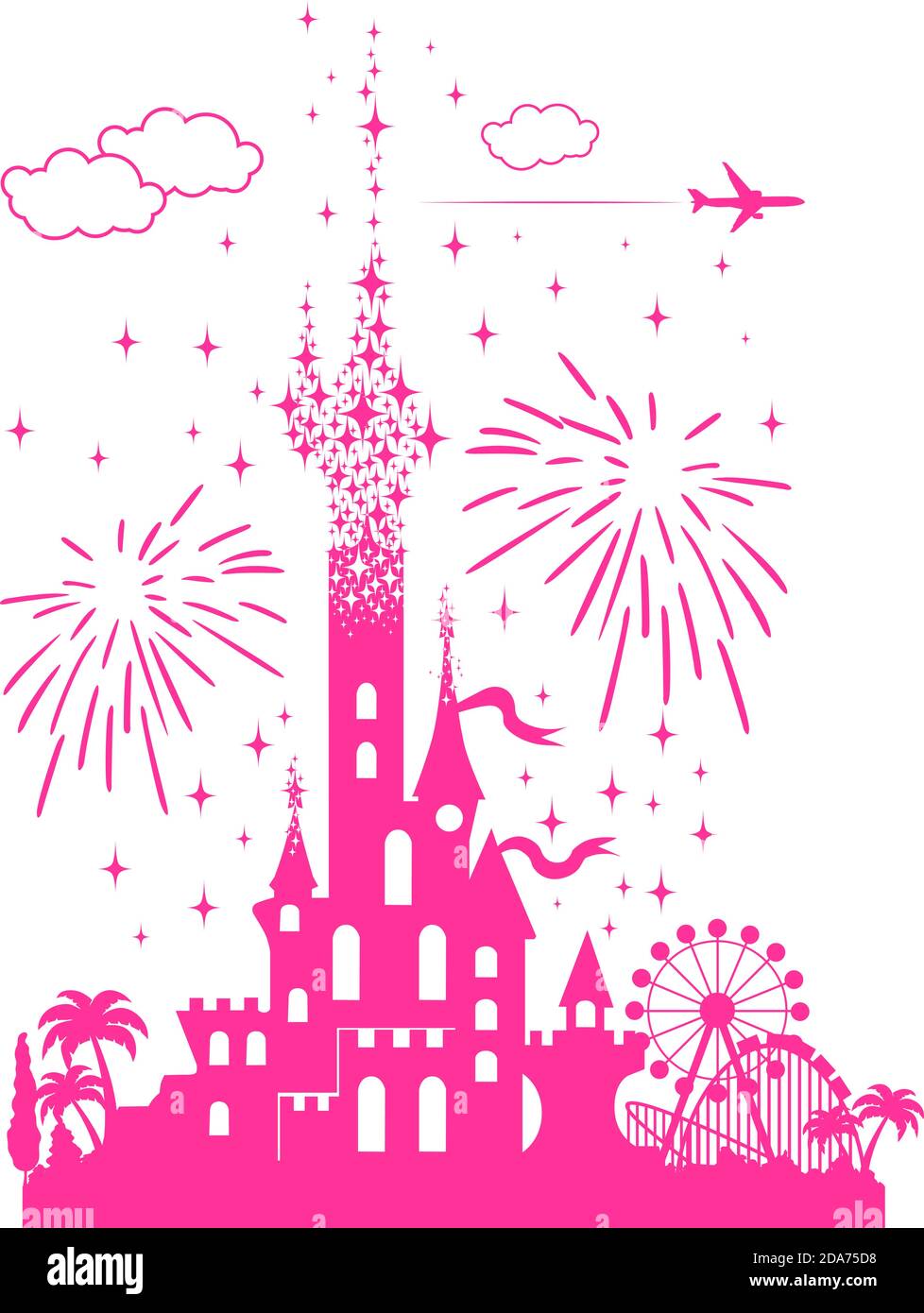 Château rose de Fairytail avec un paysage d'attractions, feux d'artifice et avion de ligne. Visite touristique pour les enfants dans un parc d'attractions. Illustration, vecteur Illustration de Vecteur