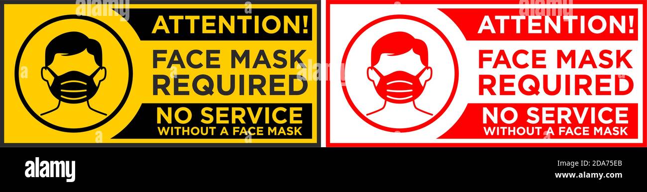 Signe d'avertissement masque de visage requis avant d'entrer . Autocollant de mesure préventive contre les infections sur la porte d'entrée. Signalisation d'avertissement horizontale pour le restaurant, env Illustration de Vecteur