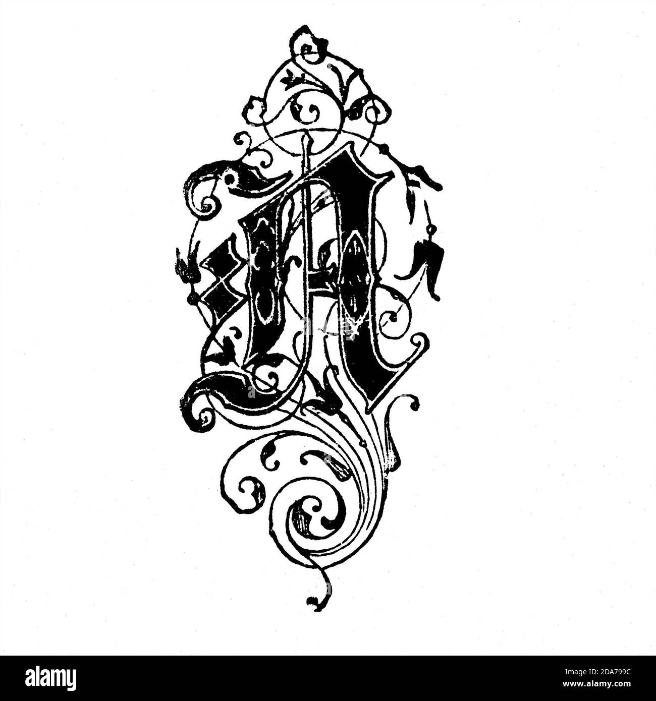 Lettre décorée de façon ornée utilisée comme initiale ou en forme de chapeau au début d'un mot, d'un chapitre ou d'un paragraphe plus grand que le reste du texte. Le mot est dérivé de l'initialis latin, ce qui signifie se tenir au début. Une initiale est souvent de plusieurs lignes en hauteur et dans des livres ou manuscrits plus anciens, parfois décorés de façon ornée. Banque D'Images