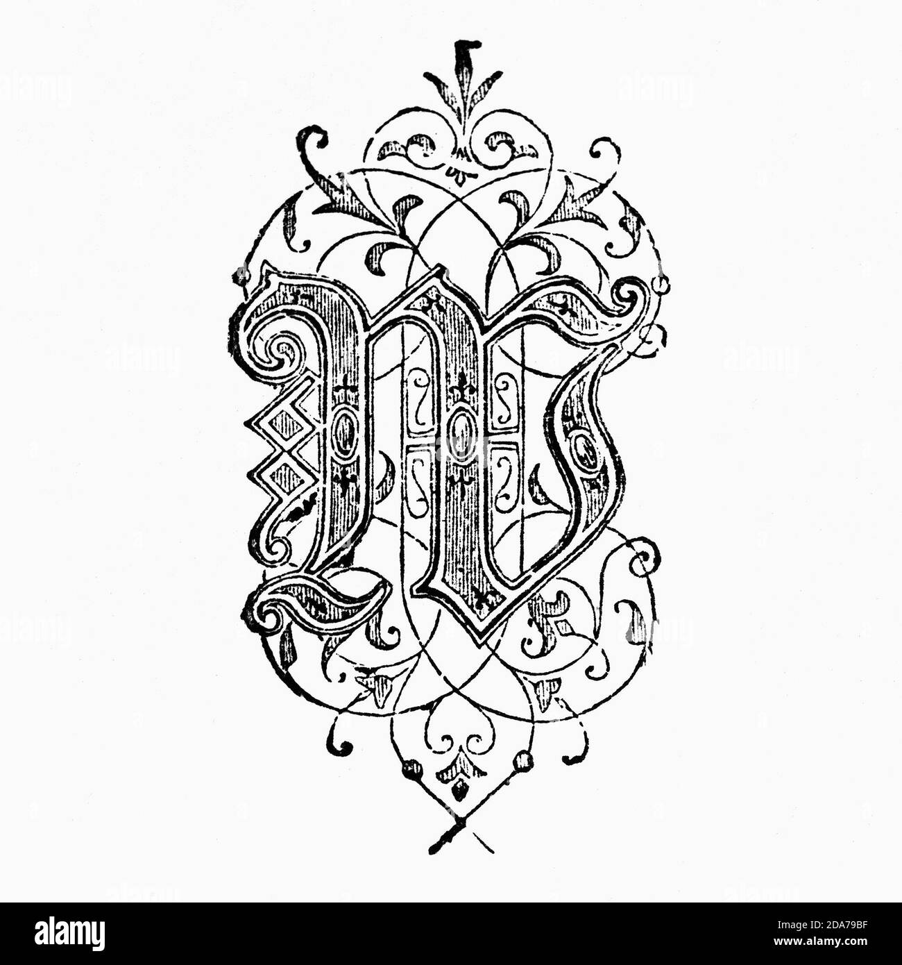 Lettre décorée de façon ornée utilisée comme initiale ou en forme de chapeau au début d'un mot, d'un chapitre ou d'un paragraphe plus grand que le reste du texte. Le mot est dérivé de l'initialis latin, ce qui signifie se tenir au début. Une initiale est souvent de plusieurs lignes en hauteur et dans des livres ou manuscrits plus anciens, parfois décorés de façon ornée. Banque D'Images