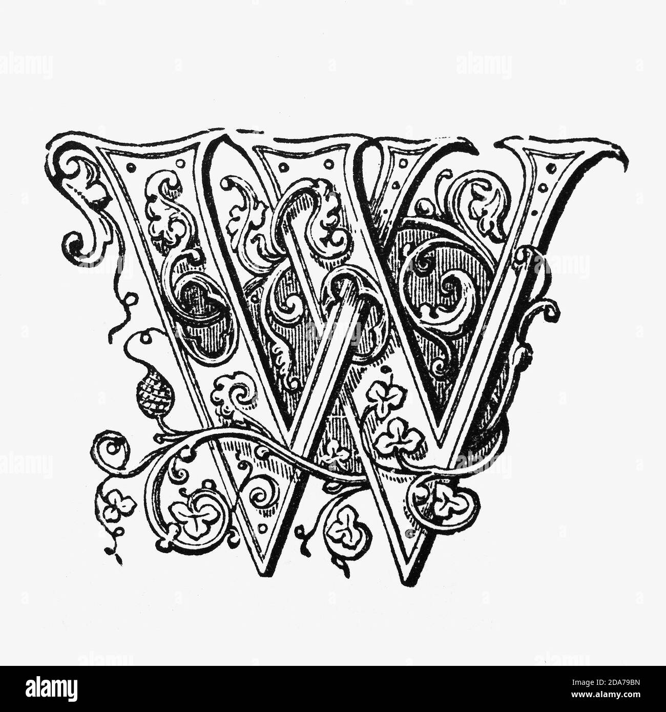 Lettre décorée de façon ornée utilisée comme initiale ou en forme de chapeau au début d'un mot, d'un chapitre ou d'un paragraphe plus grand que le reste du texte. Le mot est dérivé de l'initialis latin, ce qui signifie se tenir au début. Une initiale est souvent de plusieurs lignes en hauteur et dans des livres ou manuscrits plus anciens, parfois décorés de façon ornée. Banque D'Images