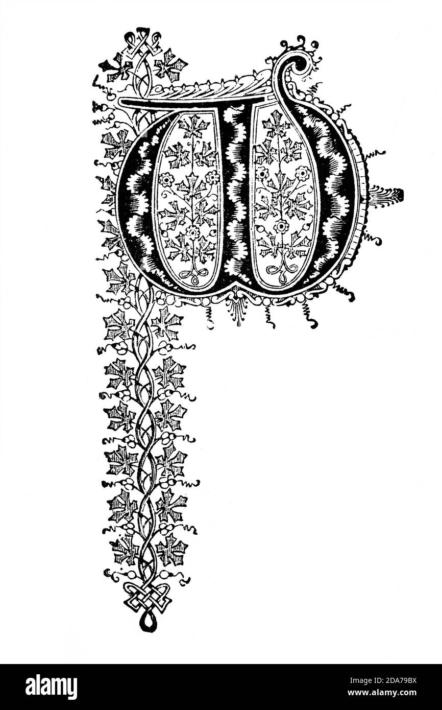Lettre décorée de façon ornée utilisée comme initiale ou en forme de chapeau au début d'un mot, d'un chapitre ou d'un paragraphe plus grand que le reste du texte. Le mot est dérivé de l'initialis latin, ce qui signifie se tenir au début. Une initiale est souvent de plusieurs lignes en hauteur et dans des livres ou manuscrits plus anciens, parfois décorés de façon ornée. Banque D'Images