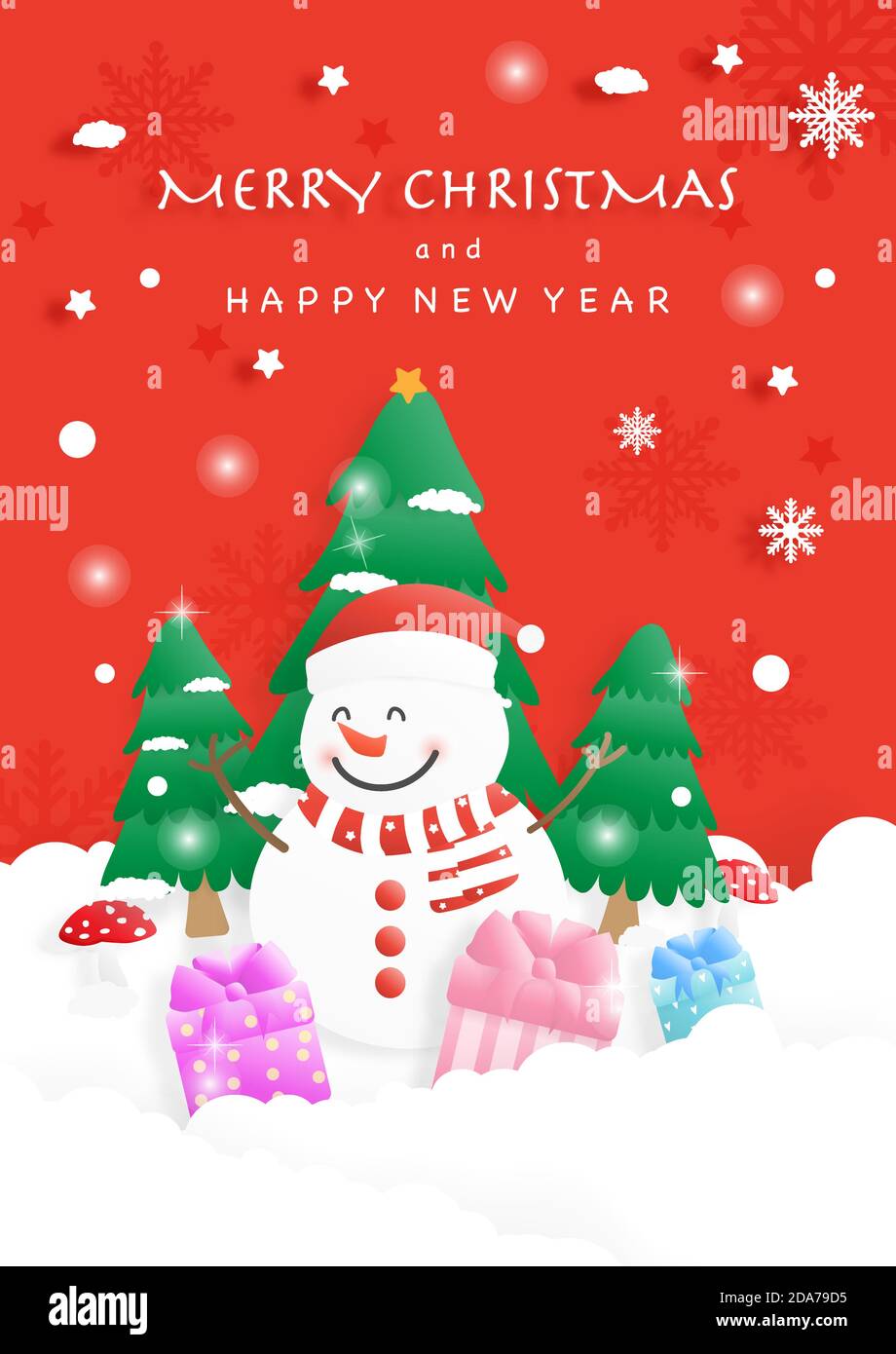 Joyeux Noël. Bonhomme de neige, pins, boîtes-cadeaux en flocons de neige et texte sur fond rouge. Illustration vectorielle. Illustration de Vecteur
