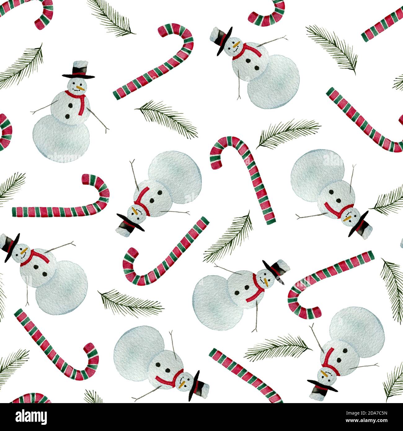 Motif aquarelle de bonhomme de neige sans couture, dessin animé peint à la main avec sapin, canne à sucre et bonhomme de neige pour l'impression, le tissu ou l'emballage Banque D'Images