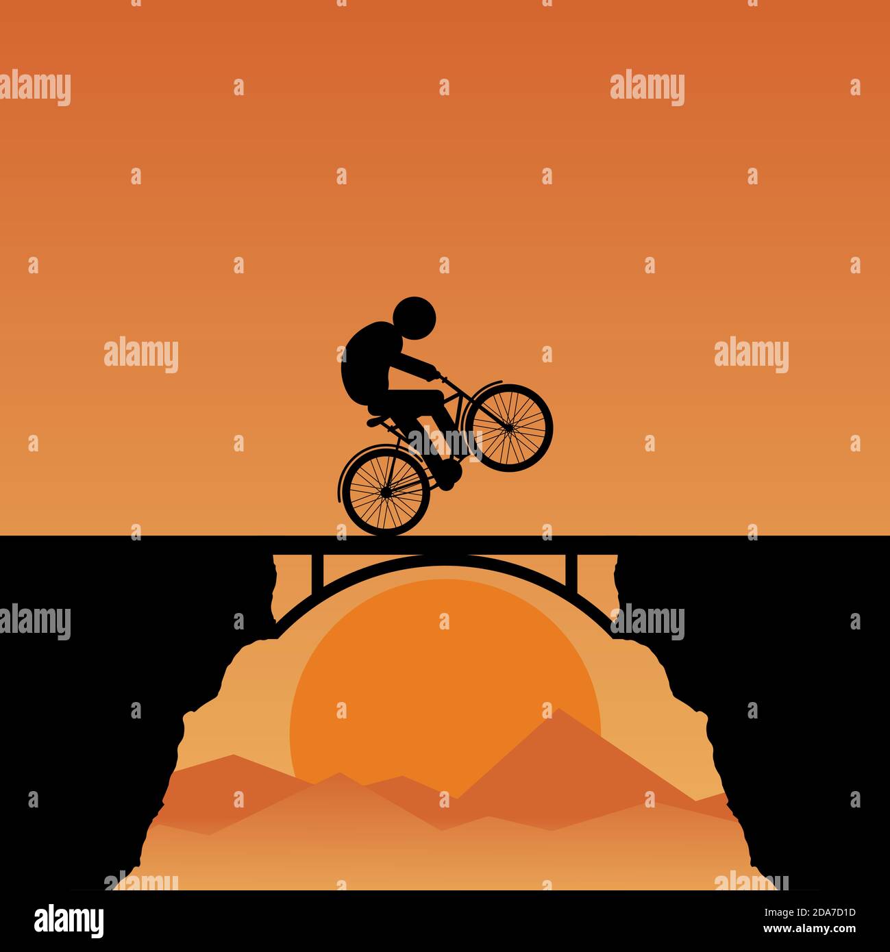 Silhouette d'un jeune homme à vélo sur un pont Illustration de Vecteur