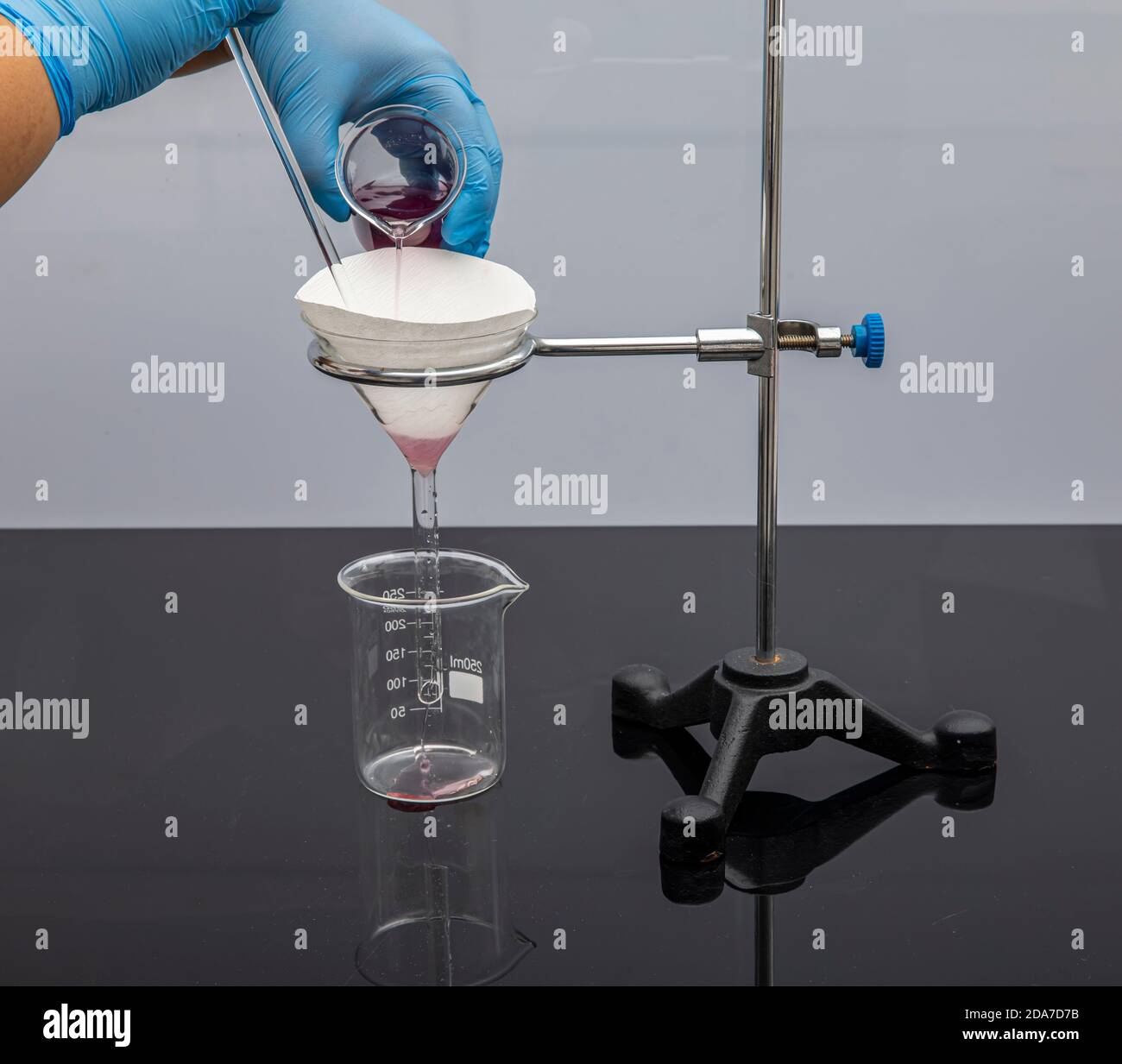 Papier filtre en laboratoire. Les scientifiques sont la filtration chimique par filtrage à travers le papier filtre dans un entonnoir en verre, gros plan. Sous-filtre pharmacien Banque D'Images