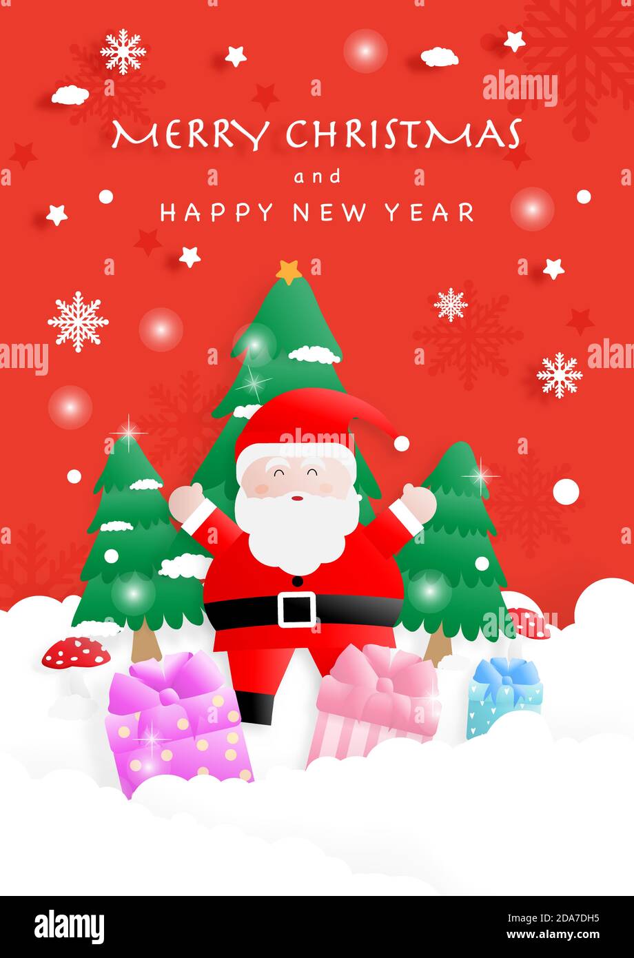 Joyeux Noël. Santa claus, caleçons, flocons de neige, pins, champignons et texte sur fond rouge. Illustration vectorielle. Illustration de Vecteur