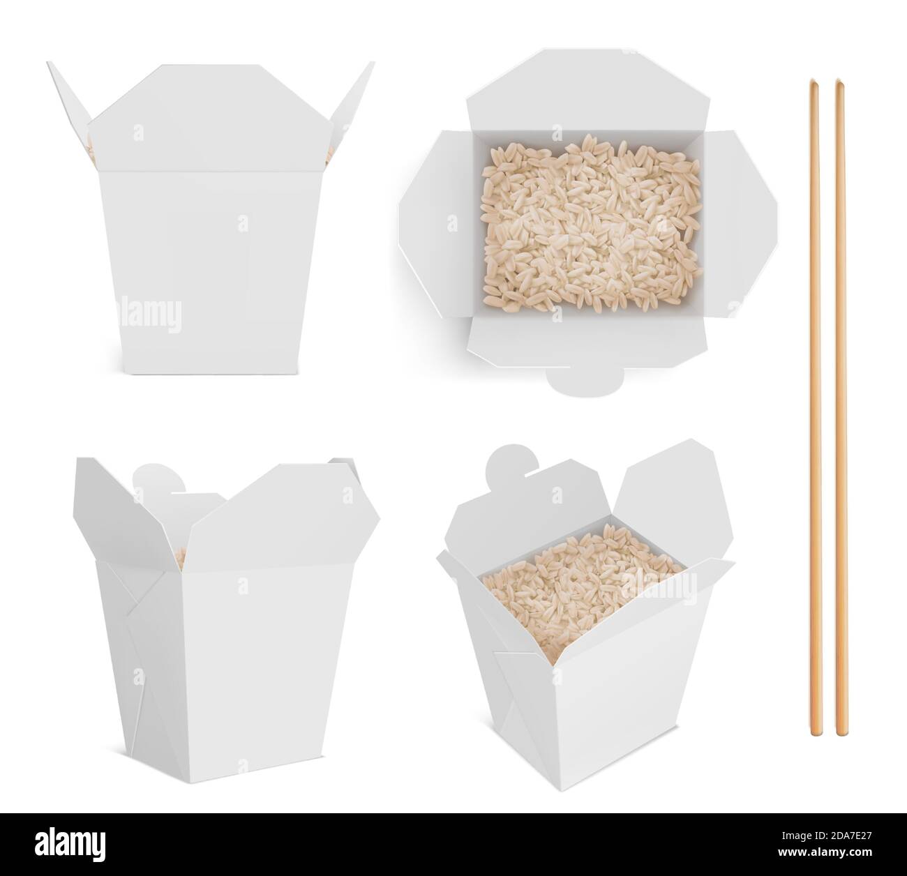 Boîte blanche avec riz et baguettes, emballage en papier pour les aliments chinois ou japonais. Maquette vectorielle réaliste de bâtonnets de bambou et boîtes à emporter vierges ouvertes avec basmati bouilli à l'avant et en haut Illustration de Vecteur