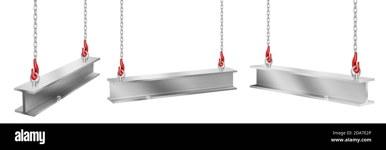 Poutres en acier accrochées sur des chaînes avec crochets, poutres industrielles droites en métal pour la construction et les travaux de construction grue levage des madriers en fer isolé sur fond blanc, jeu de vecteur 3d réaliste Illustration de Vecteur