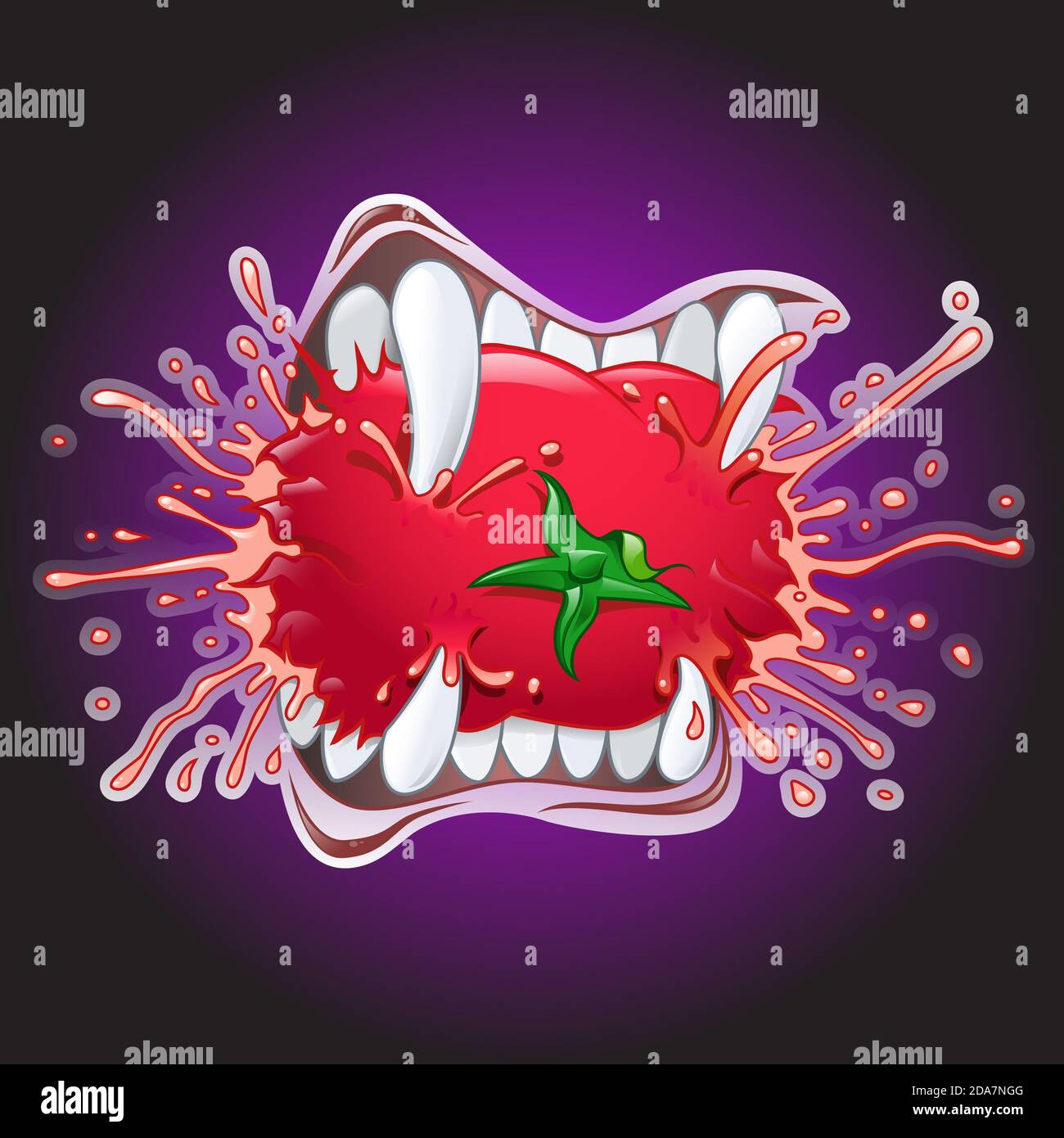 Illustration de la bande dessinée des dents de vampire mordant une tomate juteuse. Arrière-plan violet foncé Banque D'Images