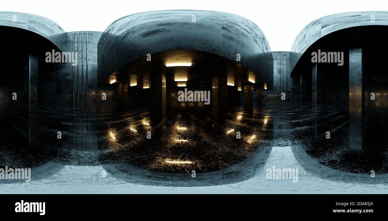 sphérique complet 360 degrés vr style hdr panorama industriel sombre illustration du rendu 3d de l'architecture grunge Banque D'Images