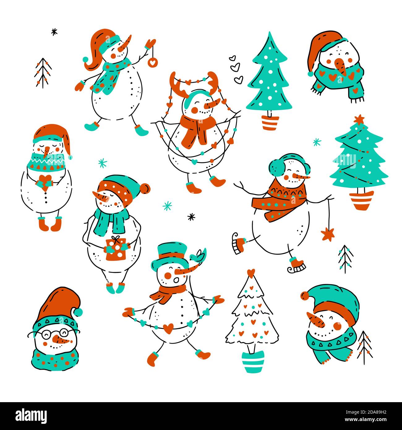 Ensemble d'icônes bonhomme de neige. Collection de Noël. Illustration vectorielle des vacances d'hiver. Carte de Noël à motif de caniche à la main. Symbole traditionnel du nouvel an. Illustration de Vecteur