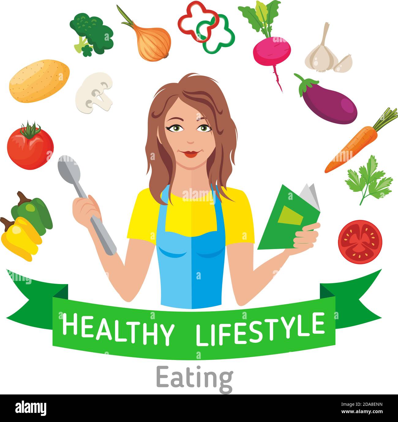 Une alimentation saine et un mode de vie sain. Femme de ménage avec livre de cuisine et cuisinière et des photos de légumes. Illustration, vecteur Illustration de Vecteur